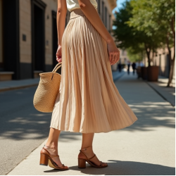 Ribbed Midi Skirt in Pleated Satin
