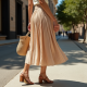 Ribbed Midi Skirt in Pleated Satin