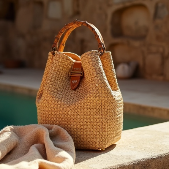 Woven Bucket Bag with Bamboo Handle