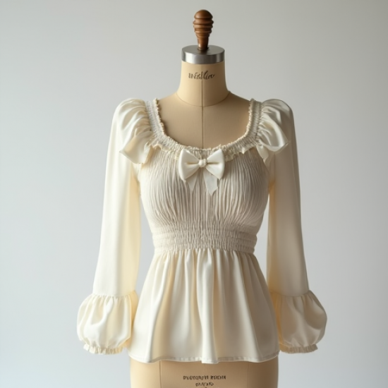 Ruffled Smocked Blouse with Bow Detail