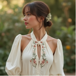 Embroidered Halter Neck Top with Puff Sleeves