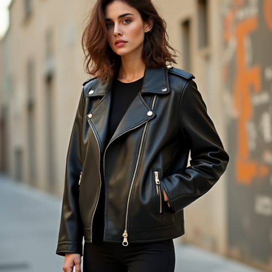 Oversized Biker Jacket with Gold Buttons