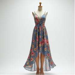 Floral High-Low Dress with V-Neckline