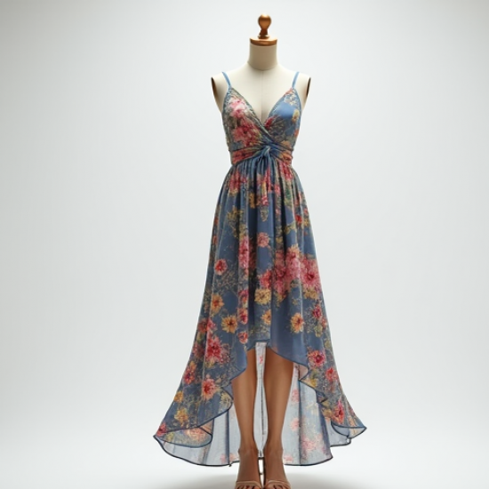 Floral High-Low Dress with V-Neckline