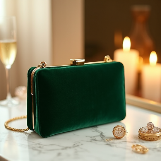 Velvet Clutch Bag with Gold Chain