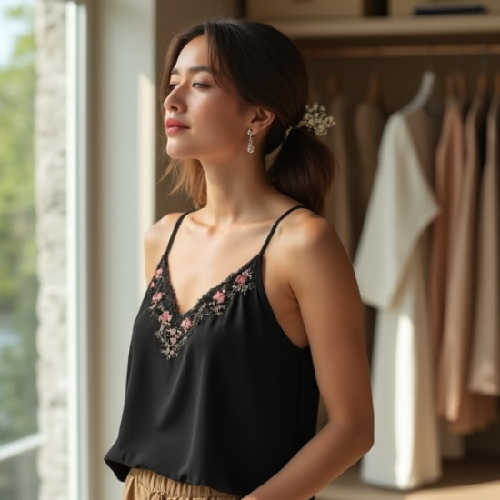Embroidered Cami Top in Solid Neutral