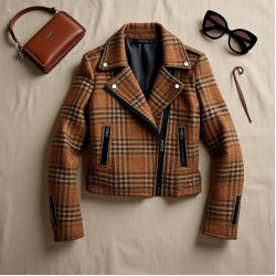 Bouclé Biker Jacket in Plaid Pattern