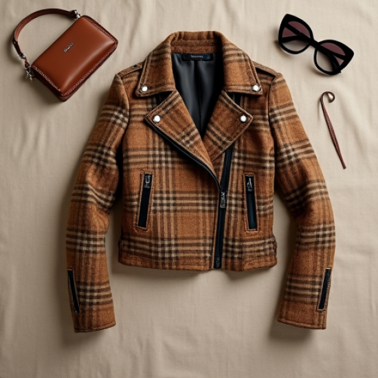 Bouclé Biker Jacket in Plaid Pattern