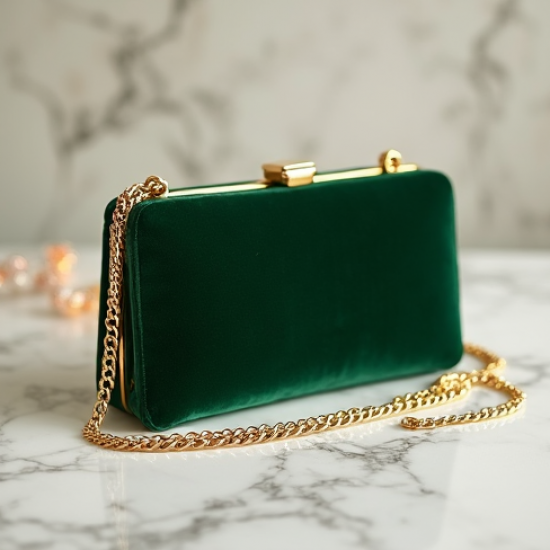 Velvet Clutch Bag with Gold Chain