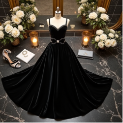 Velvet Evening Gown with Bow Accent