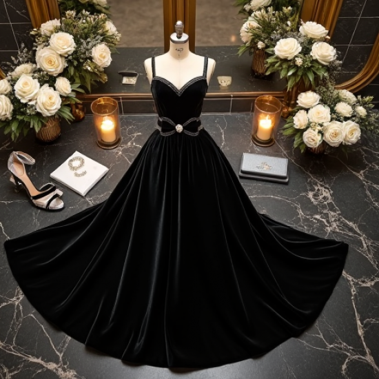 Velvet Evening Gown with Bow Accent