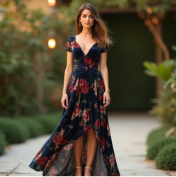 Velvet High-Low Dress with Floral Print