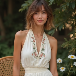 Embroidered Halter Neck Top with Puff Sleeves