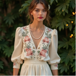 Embroidered Satin Blouse in Vintage Floral