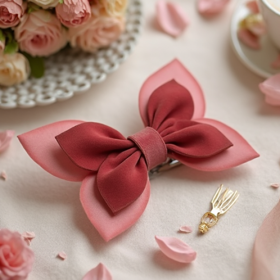 Floral Hair Bow Clip with Bow Accent