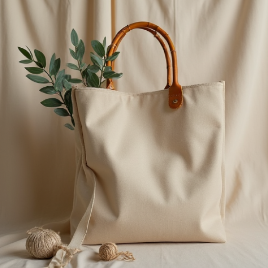 Woven Tote Bag with Bamboo Handle