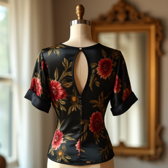 Printed Satin Blouse with Keyhole Back