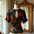Printed Satin Blouse with Keyhole Back