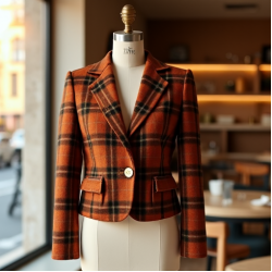 Cropped Blazer in Plaid Pattern
