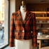 Cropped Blazer in Plaid Pattern