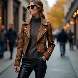 Bouclé Biker Jacket in Plaid Pattern