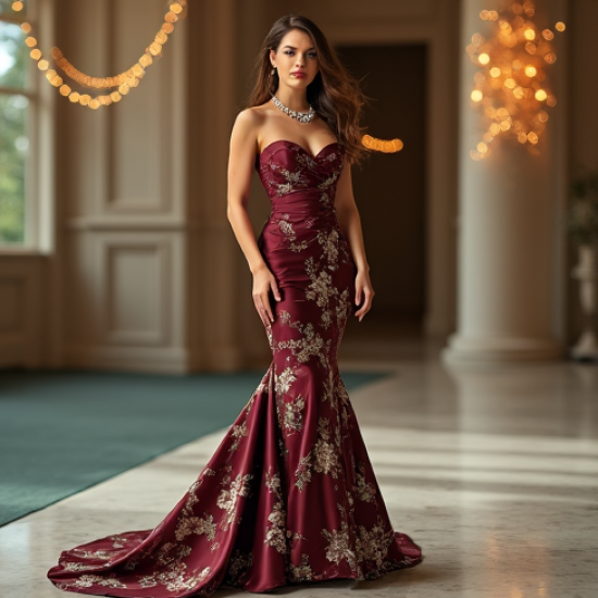 Satin Mermaid Gown with Floral Print