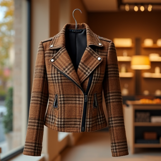 Bouclé Biker Jacket in Plaid Pattern