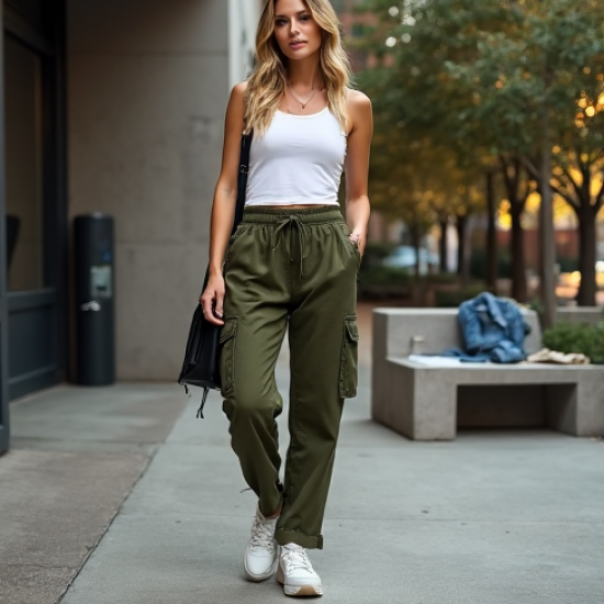 High-Waisted Cargo Pants with Pocket Details