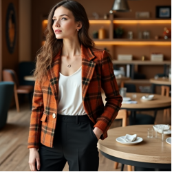 Cropped Blazer in Plaid Pattern