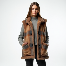 Plaid Faux Fur Vest with Deep Pockets