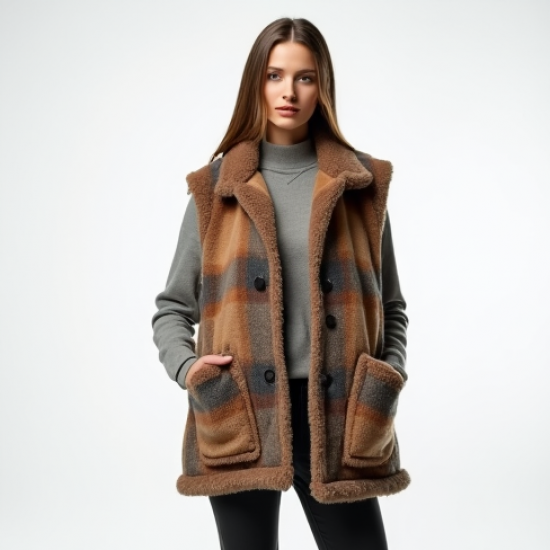 Plaid Faux Fur Vest with Deep Pockets