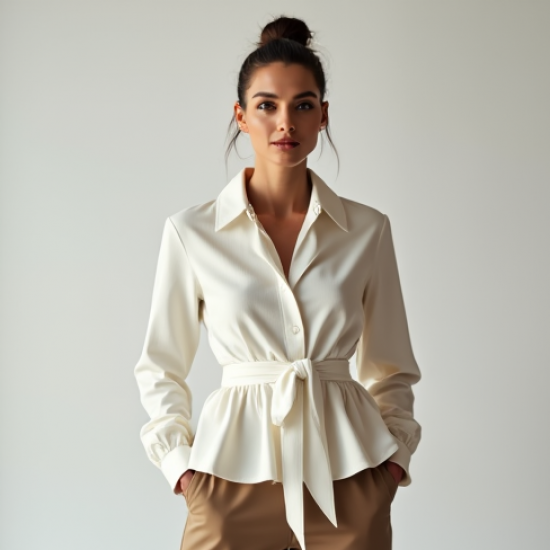 Peplum Tie-Front Shirt in Solid Neutral