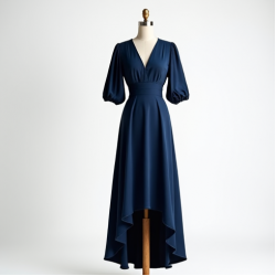 Silk High-Low Dress with Puffed Sleeves