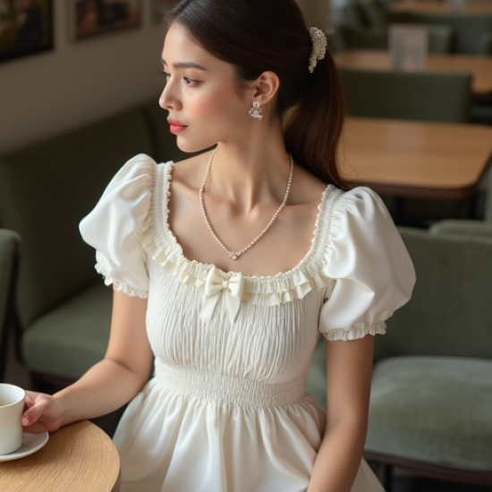 Ruffled Smocked Blouse with Bow Detail