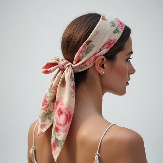 Floral Silk Hair Scarf with Bow Accent