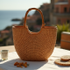 Woven Woven Basket Bag with Bamboo Handle