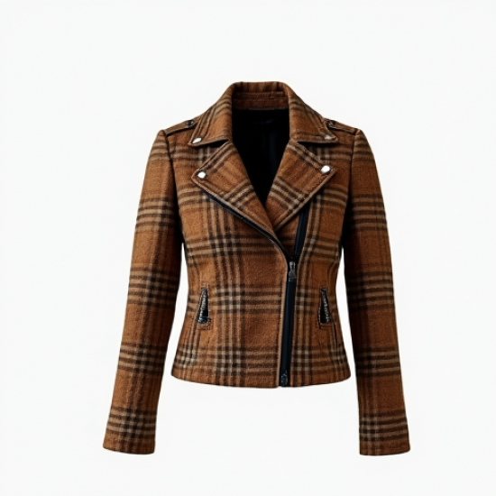 Bouclé Biker Jacket in Plaid Pattern