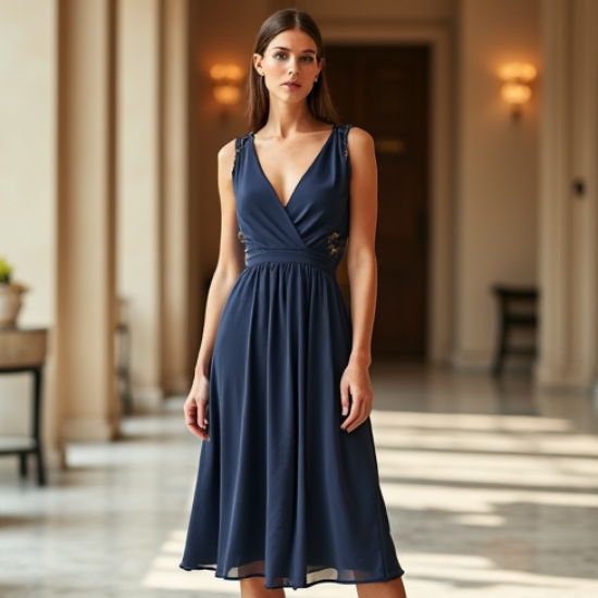 Silk A-Line Party Dress with V-Neckline