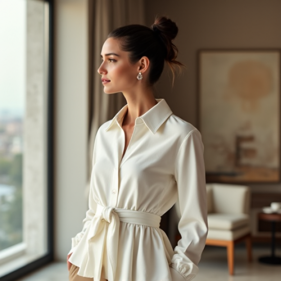 Peplum Tie-Front Shirt in Solid Neutral