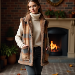 Plaid Faux Fur Vest with Deep Pockets