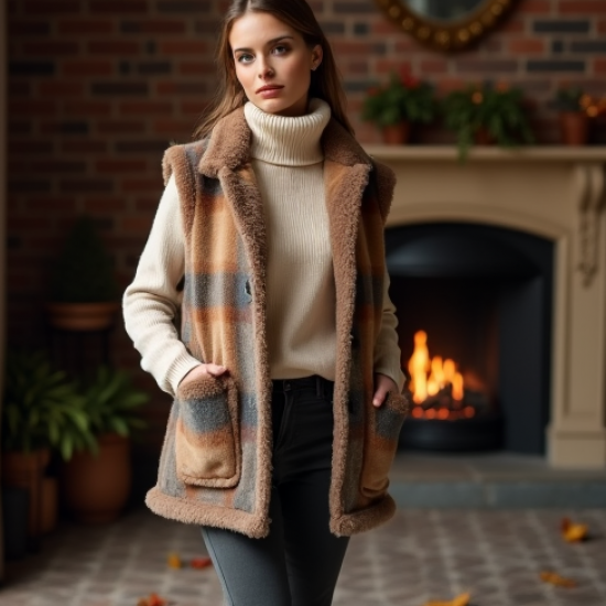 Plaid Faux Fur Vest with Deep Pockets