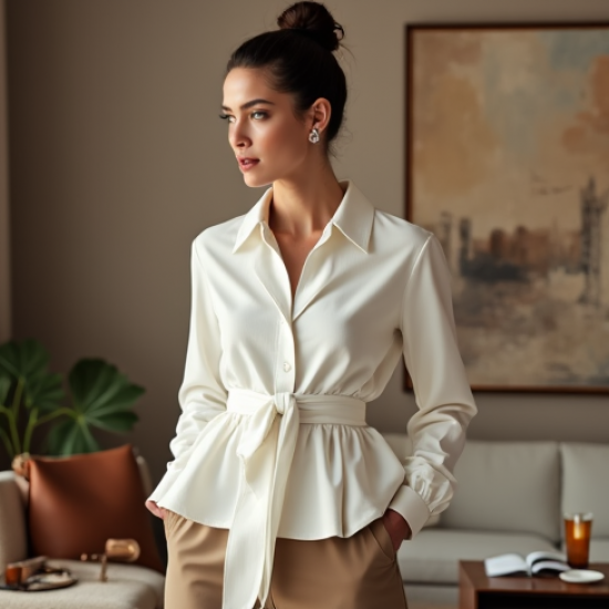 Peplum Tie-Front Shirt in Solid Neutral