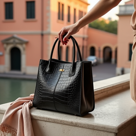 Faux Leather Tote Bag in Crocodile Pattern
