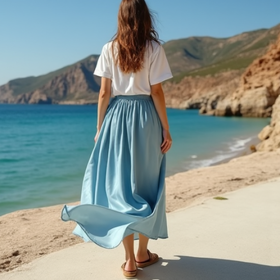 Satin Maxi Skirt in Light Wash