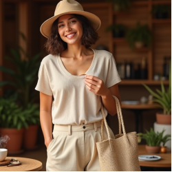 Linen Ribbed Tee with V-Neck