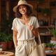 Linen Ribbed Tee with V-Neck