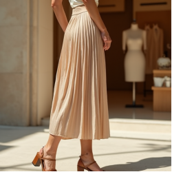Ribbed Midi Skirt in Pleated Satin