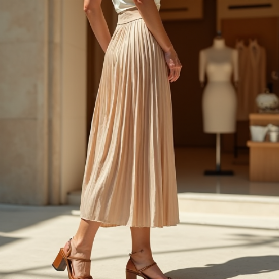 Ribbed Midi Skirt in Pleated Satin