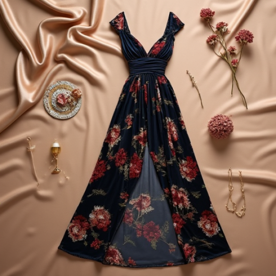 Velvet High-Low Dress with Floral Print