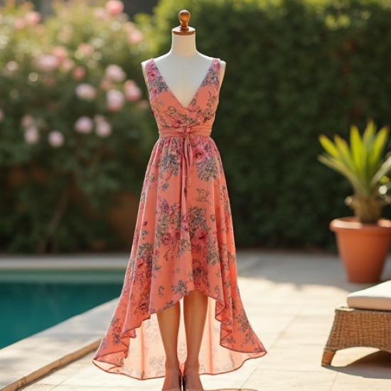 Floral High-Low Dress with V-Neckline